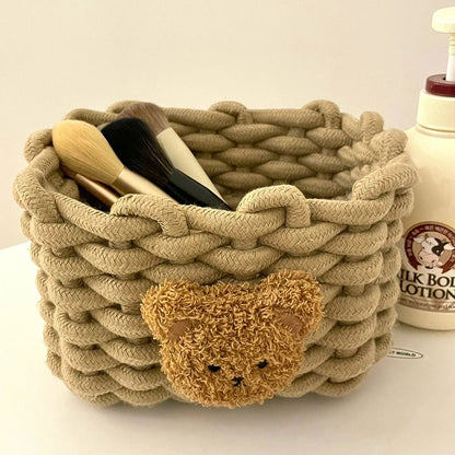 Handmade Cotton Rope Storage Basket Little Bear - Cute Desktop Organizer for Cosmetics, Sundries, Eco-Friendly Bin