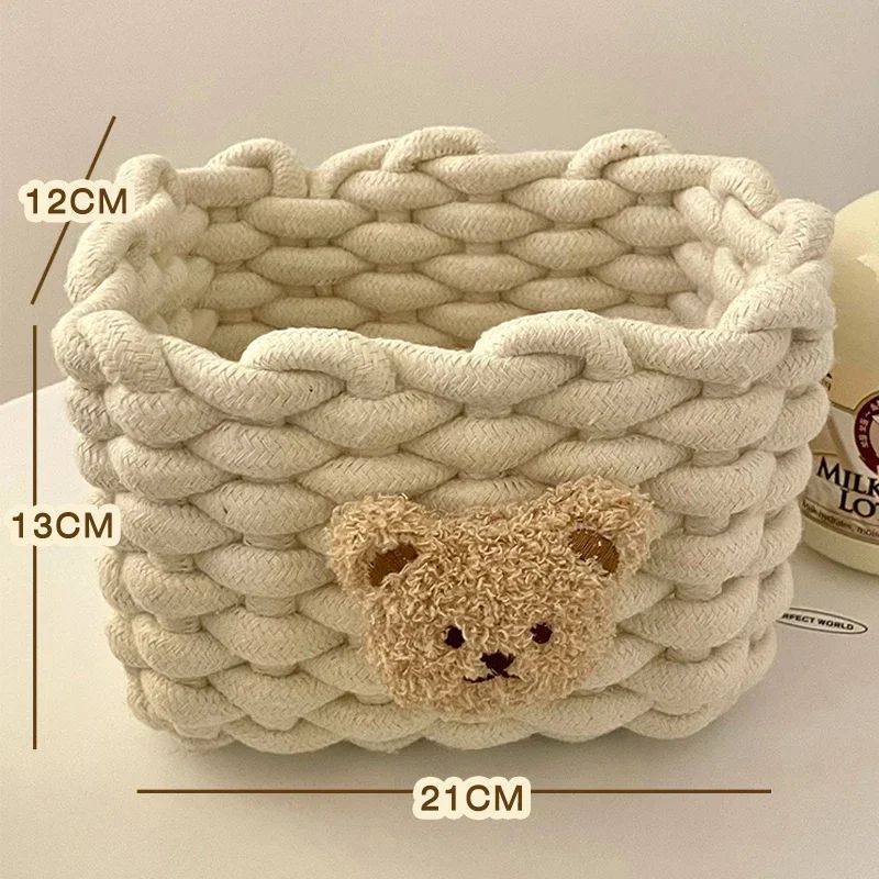 Handmade Cotton Rope Storage Basket Little Bear - Cute Desktop Organizer for Cosmetics, Sundries, Eco-Friendly Bin