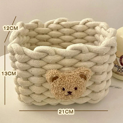 Handmade Cotton Rope Storage Basket Little Bear - Cute Desktop Organizer for Cosmetics, Sundries, Eco-Friendly Bin