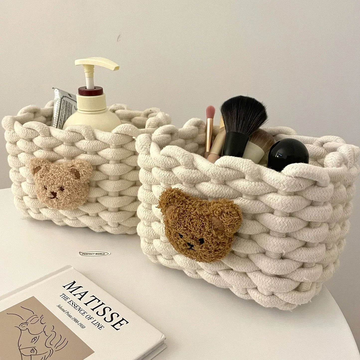 Handmade Cotton Rope Storage Basket Little Bear - Cute Desktop Organizer for Cosmetics, Sundries, Eco-Friendly Bin