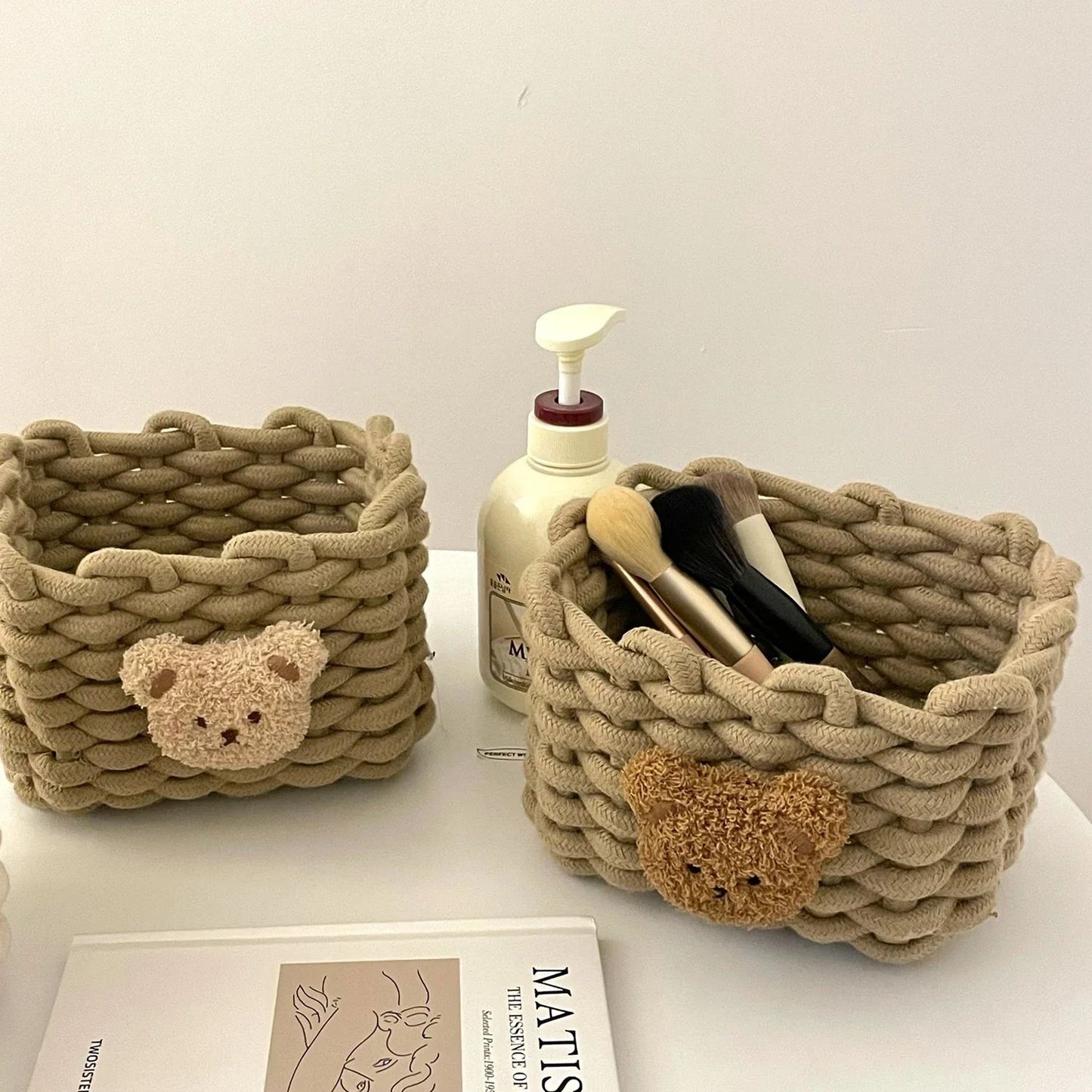 Handmade Cotton Rope Storage Basket Little Bear - Cute Desktop Organizer for Cosmetics, Sundries, Eco-Friendly Bin