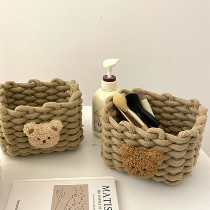 Handmade Cotton Rope Storage Basket Little Bear - Cute Desktop Organizer for Cosmetics, Sundries, Eco-Friendly Bin