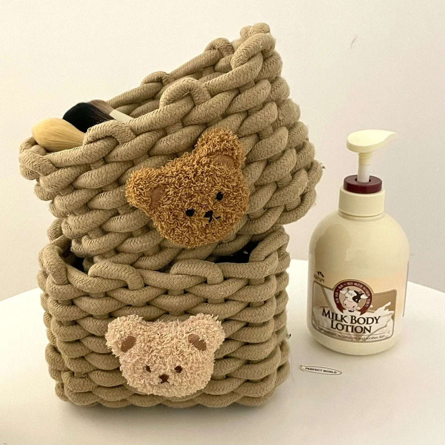Handmade Cotton Rope Storage Basket Little Bear - Cute Desktop Organizer for Cosmetics, Sundries, Eco-Friendly Bin