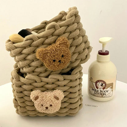 Handmade Cotton Rope Storage Basket Little Bear - Cute Desktop Organizer for Cosmetics, Sundries, Eco-Friendly Bin