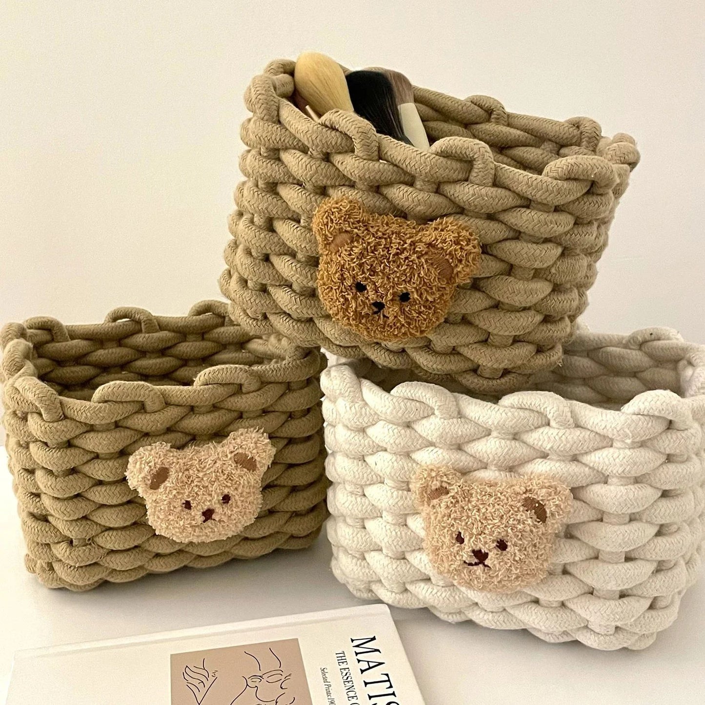 Handmade Cotton Rope Storage Basket Little Bear - Cute Desktop Organizer for Cosmetics, Sundries, Eco-Friendly Bin