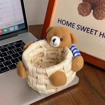 Handmade Cotton Rope Storage Basket Little Bear - Cute Desktop Organizer for Cosmetics, Sundries, Eco-Friendly Bin