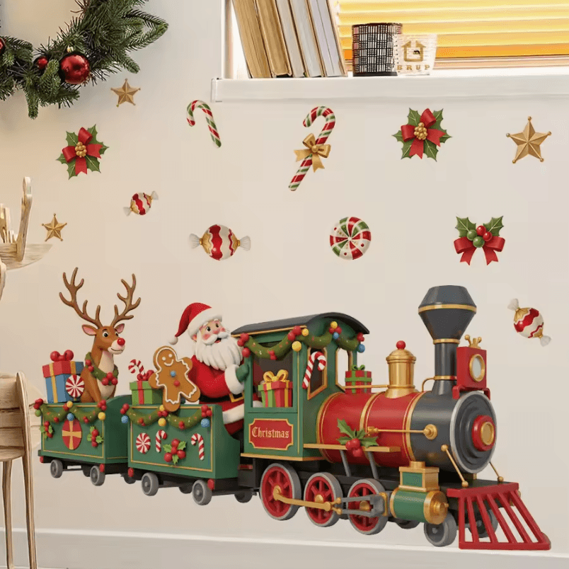 Santa Train Christmas Wall Sticker – Whimsical Removable Christmas Wall Decals Self-Adhesive Holiday Room Decor Sticker