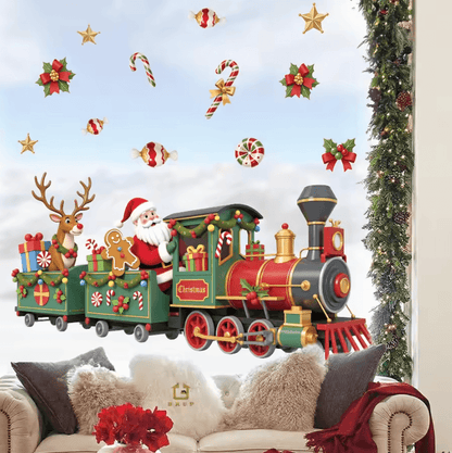 Santa Train Christmas Wall Sticker – Whimsical Removable Christmas Wall Decals Self-Adhesive Holiday Room Decor Sticker