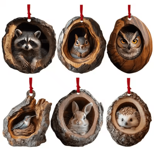 Animal Christmas Acrylic Pendant Ornament – Raccoon, Owl, Squirrel, Bunny & Bird (2D Design)