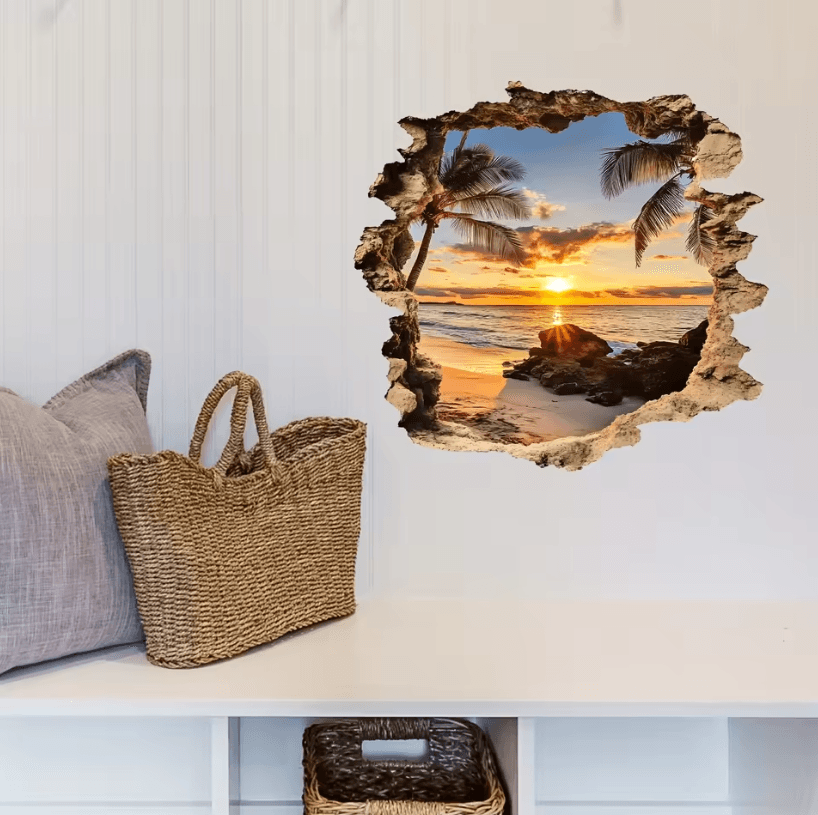 3D Wall Decal Ocean Landscape – Beach Scene Wall Sticker, Lifelike PVC Wall Mural for Home Decor