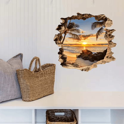 3D Wall Decal Ocean Landscape – Beach Scene Wall Sticker, Lifelike PVC Wall Mural for Home Decor