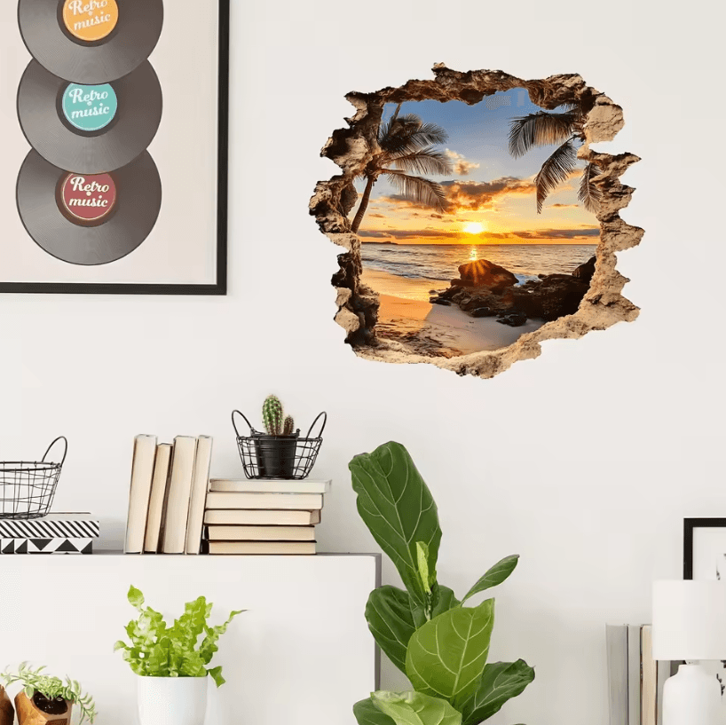 3D Wall Decal Ocean Landscape – Beach Scene Wall Sticker, Lifelike PVC Wall Mural for Home Decor