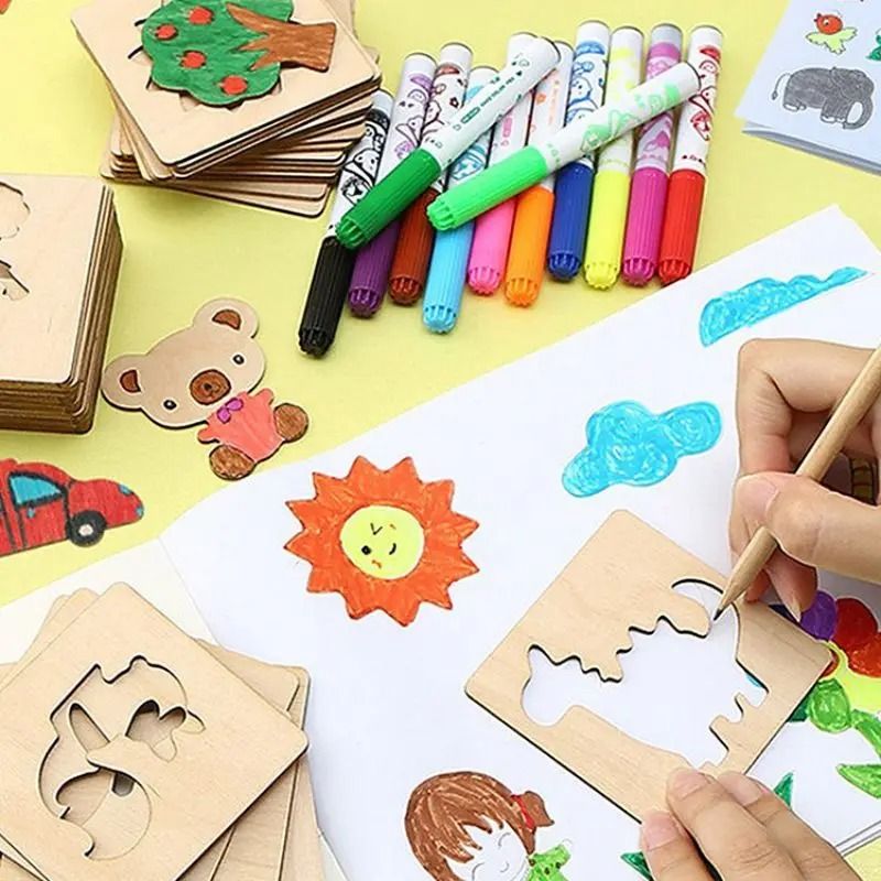 42-Piece Wooden DIY Drawing Template Set – Children's Creative Art Tool Kit
