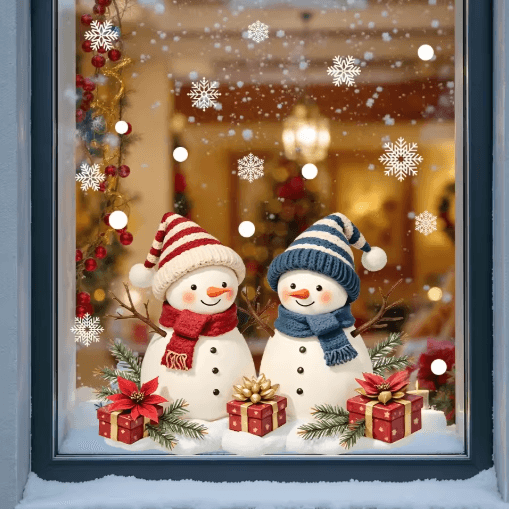 Christmas Snowman Window Clings – Removable Static Cling Holiday Decal for Windows