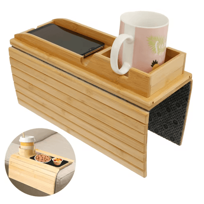 BambooGrip Couch Cup Holder Sofa Armrest Tray Anti Slip Foldable Organizer