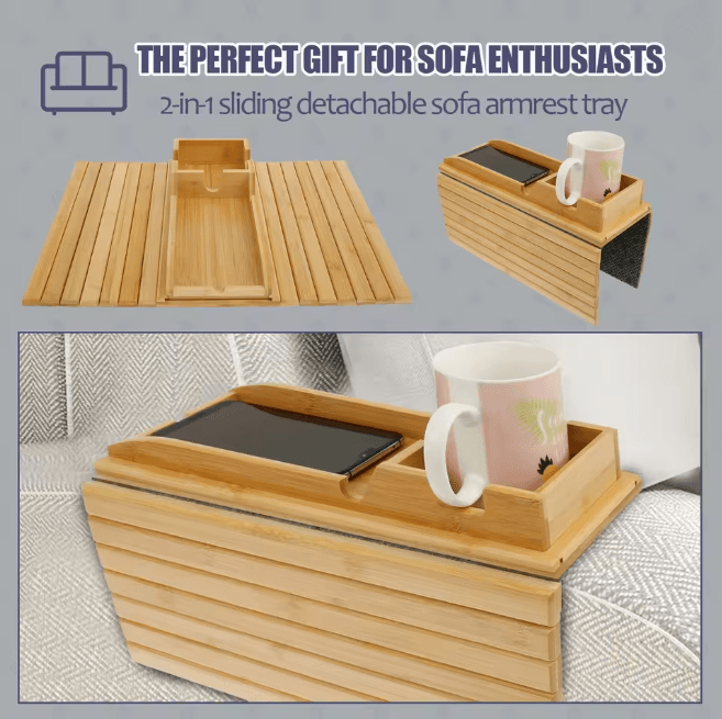 BambooGrip Couch Cup Holder Sofa Armrest Tray Anti Slip Foldable Organizer