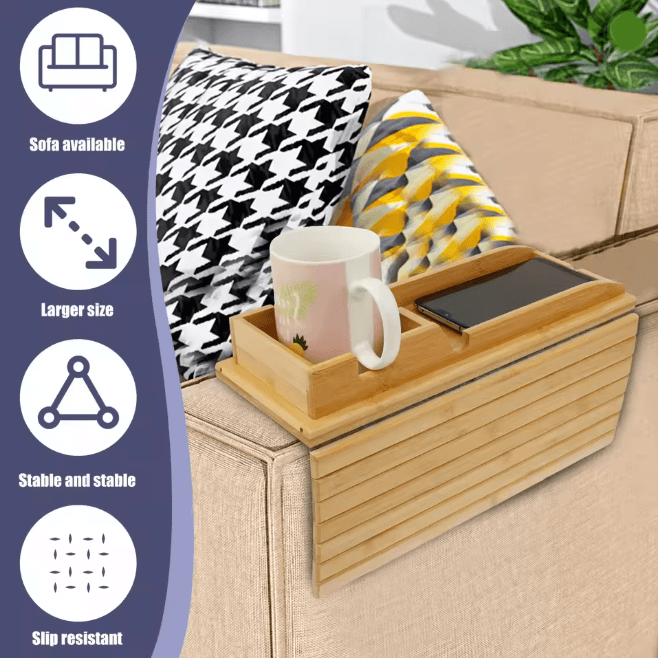 BambooGrip Couch Cup Holder Sofa Armrest Tray Anti Slip Foldable Organizer