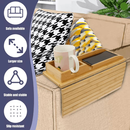 BambooGrip Couch Cup Holder Sofa Armrest Tray Anti Slip Foldable Organizer