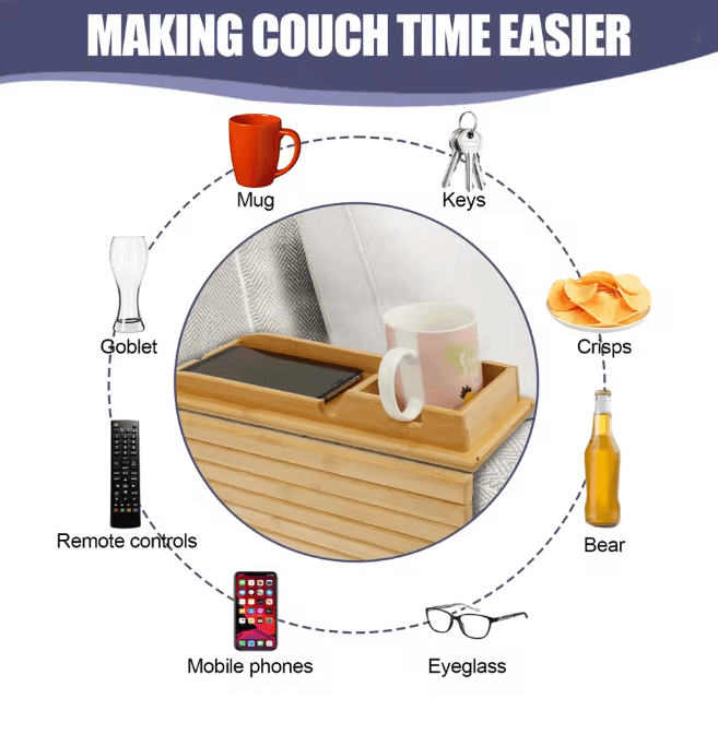 BambooGrip Couch Cup Holder Sofa Armrest Tray Anti Slip Foldable Organizer