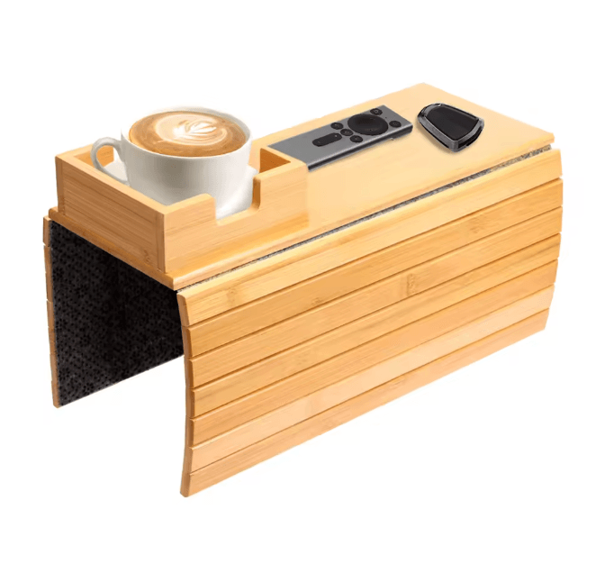 BambooGrip Couch Cup Holder Sofa Armrest Tray Anti Slip Foldable Organizer