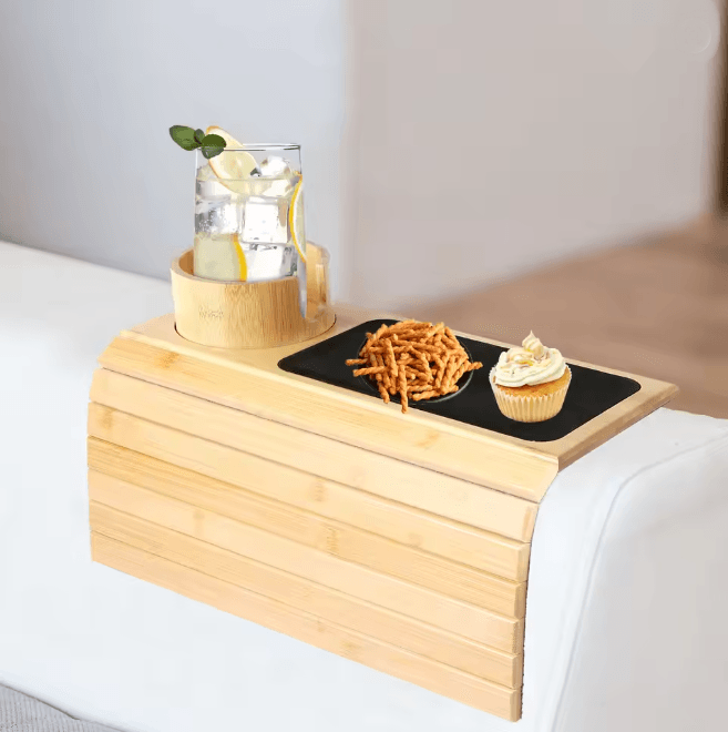 BambooGrip Couch Cup Holder Sofa Armrest Tray Anti Slip Foldable Organizer