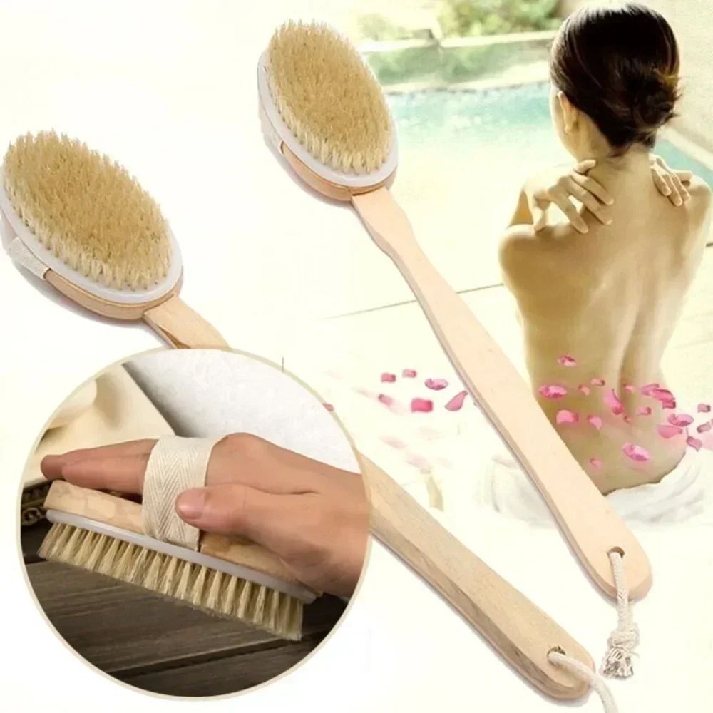 Natural Bristle back scrubber brush with Detachable Handle - Long long handle shower brush for Deep Clean Exfoliation