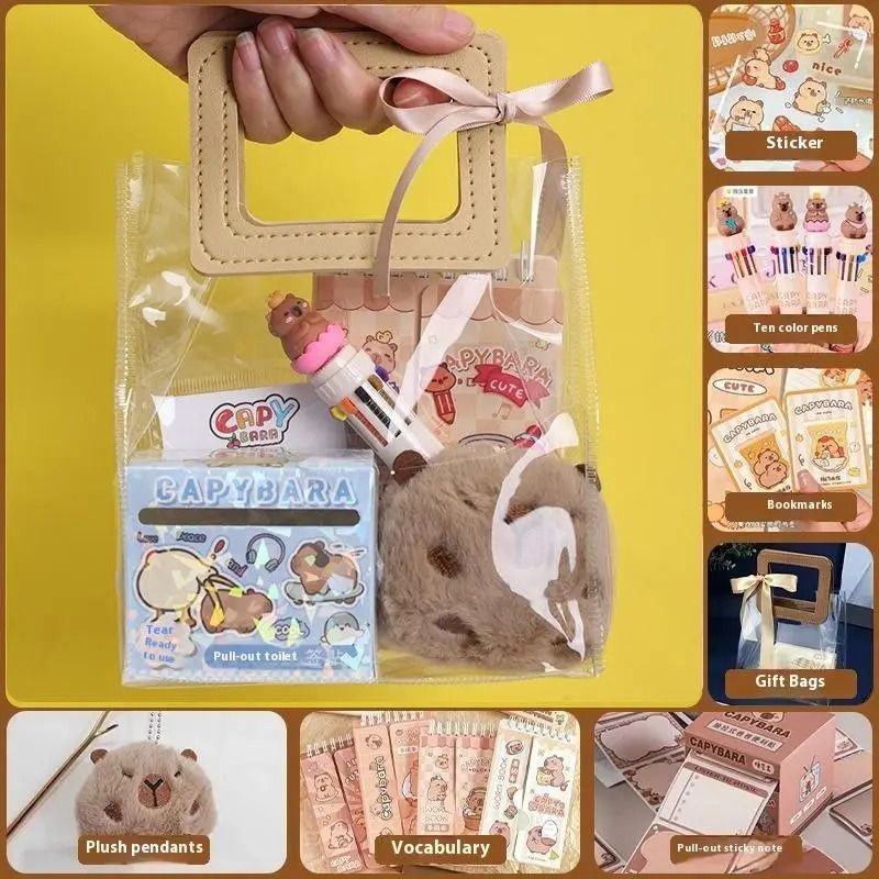 Kawaii Capybara Stationery Gift Set | Handbag Edition with Plush Pendants & Notebook