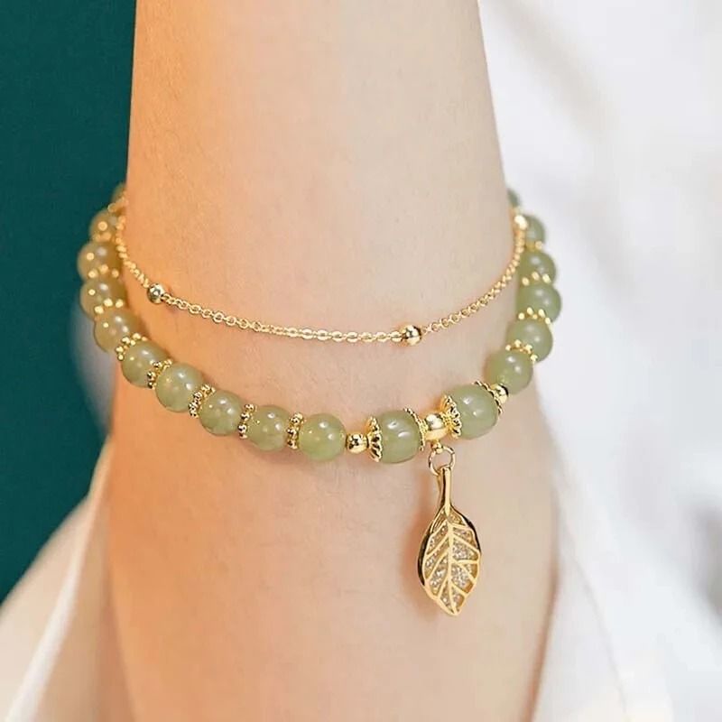 Exquisite Chinese Style Green Jade Bracelet | Gold Leaf Double Chain Wrist Bangle