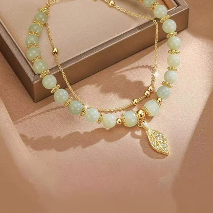 Exquisite Chinese Style Green Jade Bracelet | Gold Leaf Double Chain Wrist Bangle