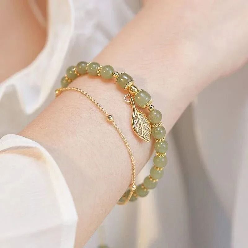 Exquisite Chinese Style Green Jade Bracelet | Gold Leaf Double Chain Wrist Bangle