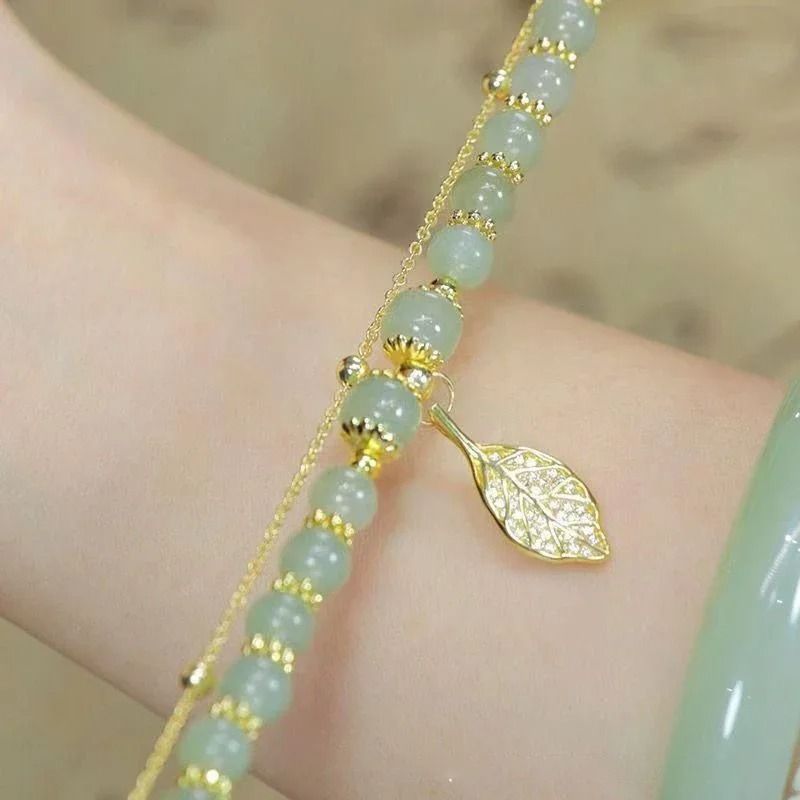 Exquisite Chinese Style Green Jade Bracelet | Gold Leaf Double Chain Wrist Bangle