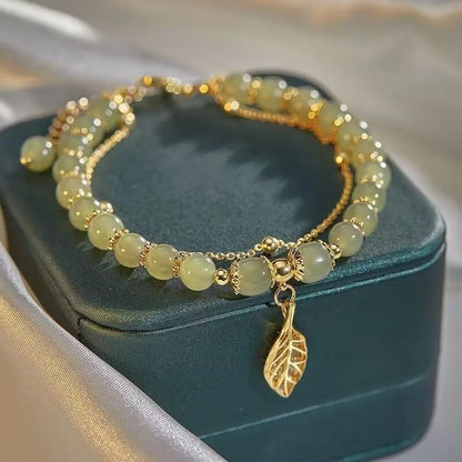 Exquisite Chinese Style Green Jade Bracelet | Gold Leaf Double Chain Wrist Bangle