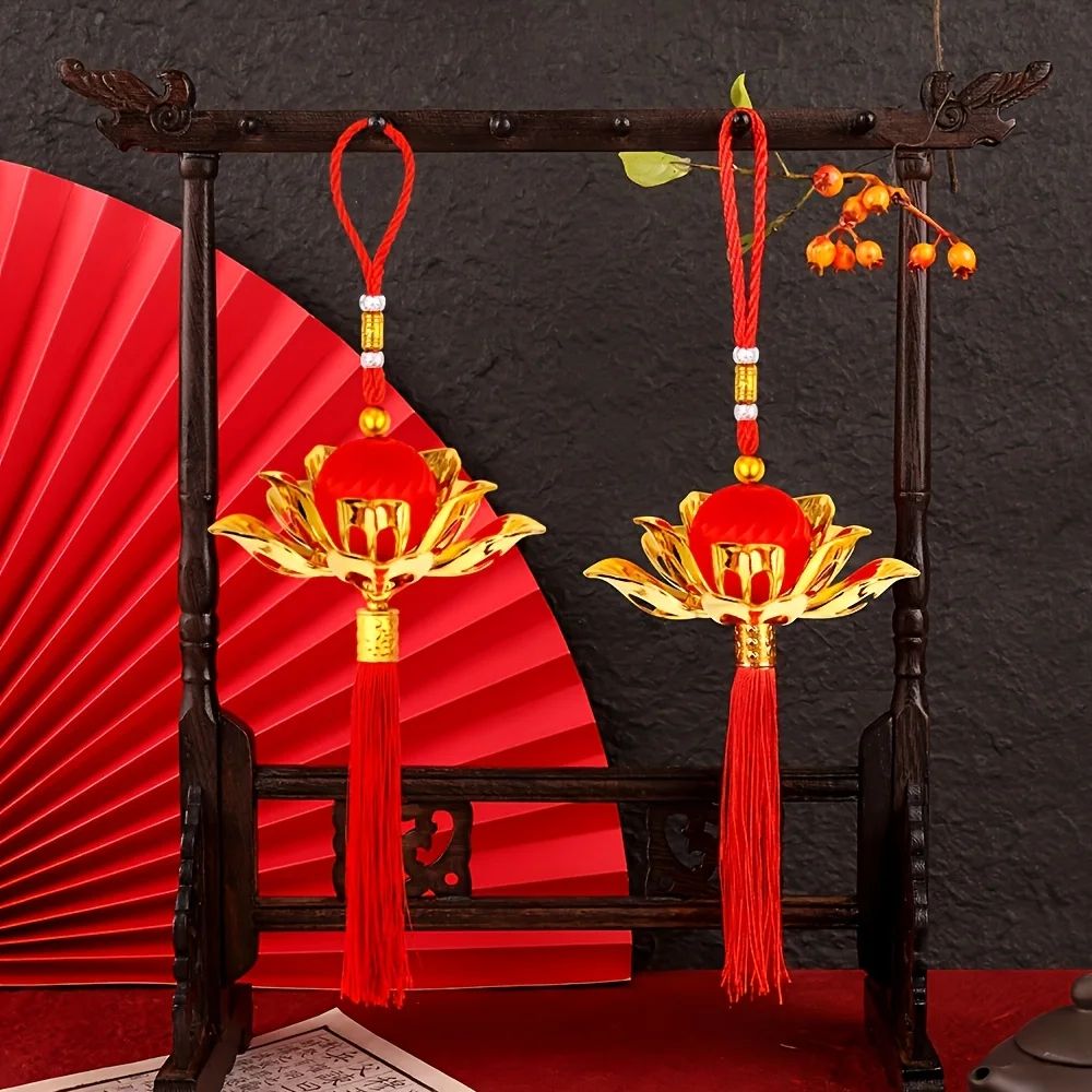 Chinese Lotus Flower Lantern Pendant with Red Tassel, Chinese New Year hanging lantern Decor for Doorways, Windows, and