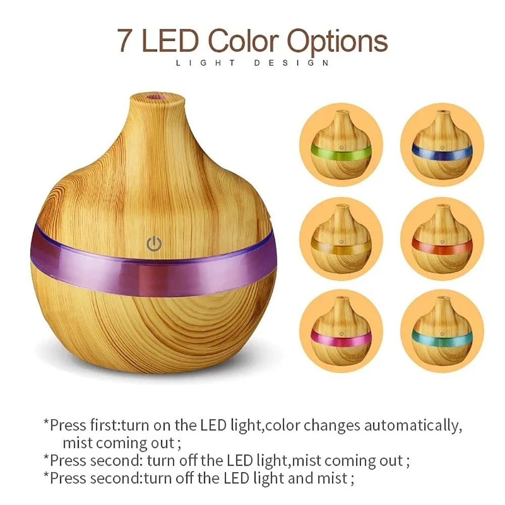 Wood Grain Ultrasonic Aromatherapy Essential Oil Diffuser, Remote Control Air Humidifier with 7 Color Changing Lights
