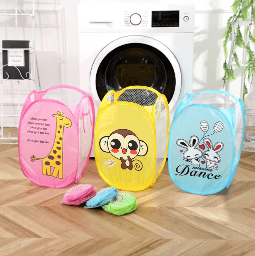 Cartoon Foldable Laundry Basket Nylon Mesh Dirty Clothes Hamper