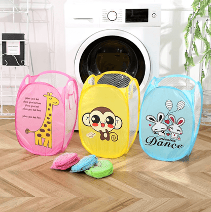 Cartoon Foldable Laundry Basket Nylon Mesh Dirty Clothes Hamper