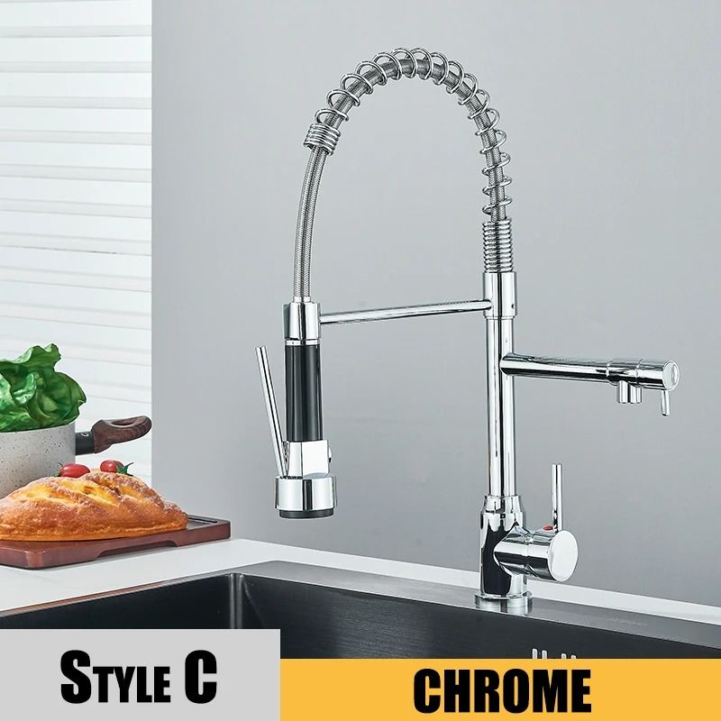 Pull Down kitchen sink faucet Hot and Cold Mixer with Dual Spout and 360 Rotation