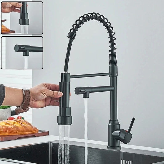 Pull Down kitchen sink faucet Hot and Cold Mixer with Dual Spout and 360 Rotation