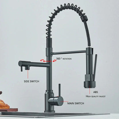 Pull Down kitchen sink faucet Hot and Cold Mixer with Dual Spout and 360 Rotation