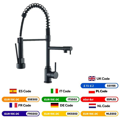 Pull Down kitchen sink faucet Hot and Cold Mixer with Dual Spout and 360 Rotation