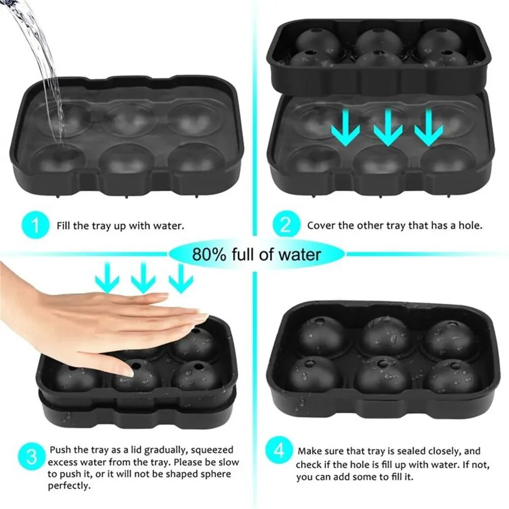 6-Cavity whiskey ice cube tray Set - Large Round/Square ice ball mold & large ice cube mold with Lid
