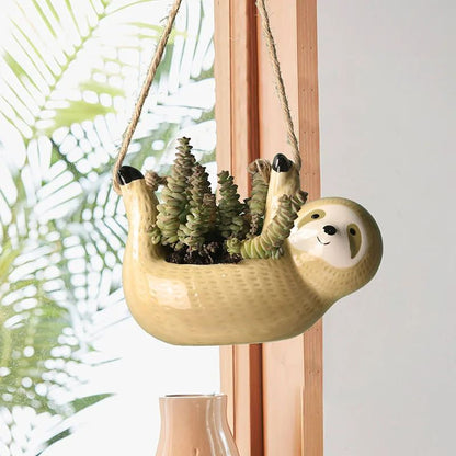 Ceramic Hanging Sloth Planter Pot - Cute Animal Hanging Succulent Planter for Indoor Decor