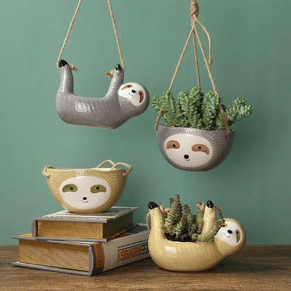 Ceramic Hanging Sloth Planter Pot - Cute Animal Hanging Succulent Planter for Indoor Decor