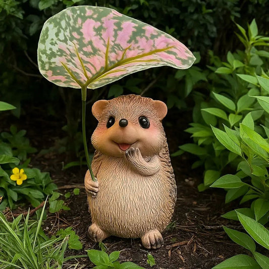 Cute Resin Leaf Umbrella Hedgehog Garden Statue – Whimsical Outdoor Animal Decor Figurine