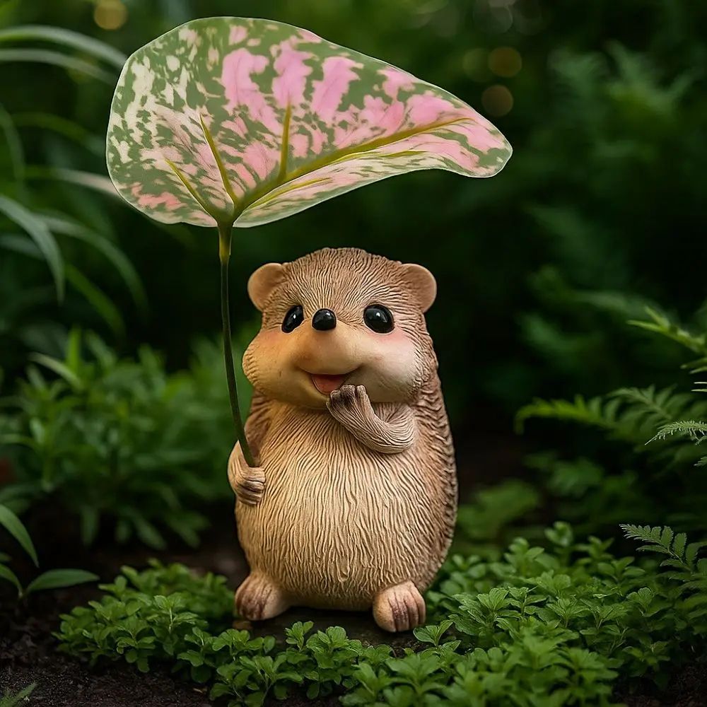 Cute Resin Leaf Umbrella Hedgehog Garden Statue – Whimsical Outdoor Animal Decor Figurine