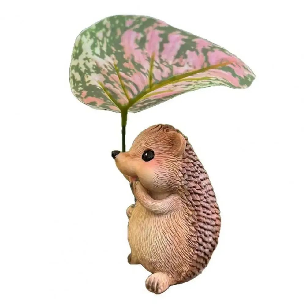 Cute Resin Leaf Umbrella Hedgehog Garden Statue – Whimsical Outdoor Animal Decor Figurine