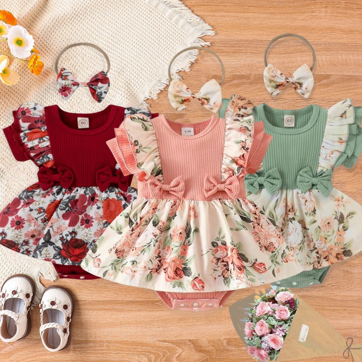 Striped Jumpsuit Summer Dress With Bowknot Headband Cotton Dress For Crawling Clothes Floral Clothes