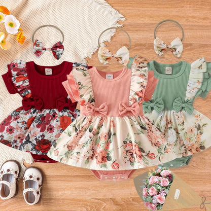 Striped Jumpsuit Summer Dress With Bowknot Headband Cotton Dress For Crawling Clothes Floral Clothes