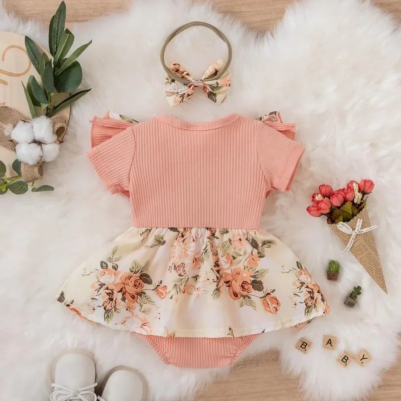 Striped Jumpsuit Summer Dress With Bowknot Headband Cotton Dress For Crawling Clothes Floral Clothes