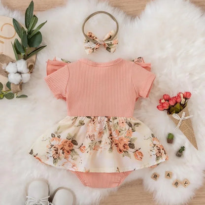 Striped Jumpsuit Summer Dress With Bowknot Headband Cotton Dress For Crawling Clothes Floral Clothes